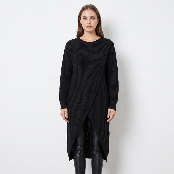 Women's Wrap Front Sweater Dress Long Sleeve Knit Maxi Tunic