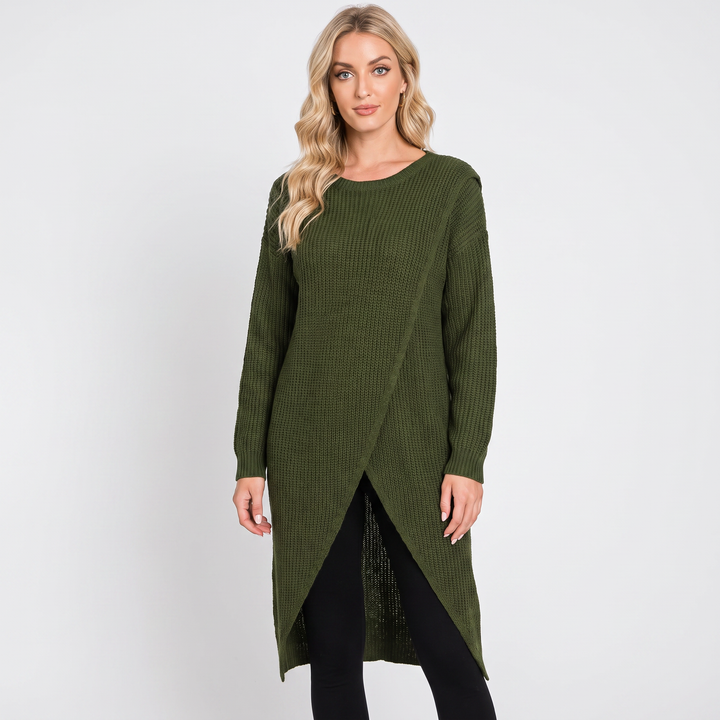 Women's Wrap Front Sweater Dress Long Sleeve Knit Maxi Tunic