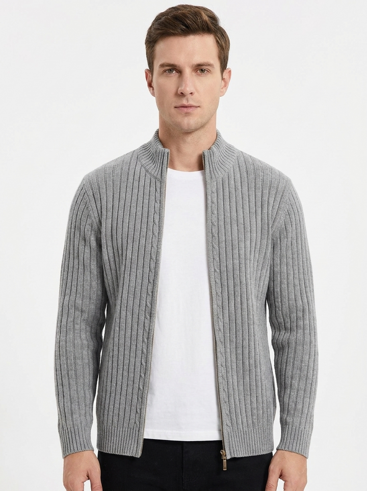Men's Ribbed Knit Cardigan Full-Zip Stand Collar Sweater Jacket