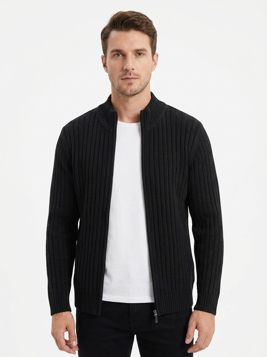 Men's Ribbed Knit Cardigan Full-Zip Stand Collar Sweater Jacket