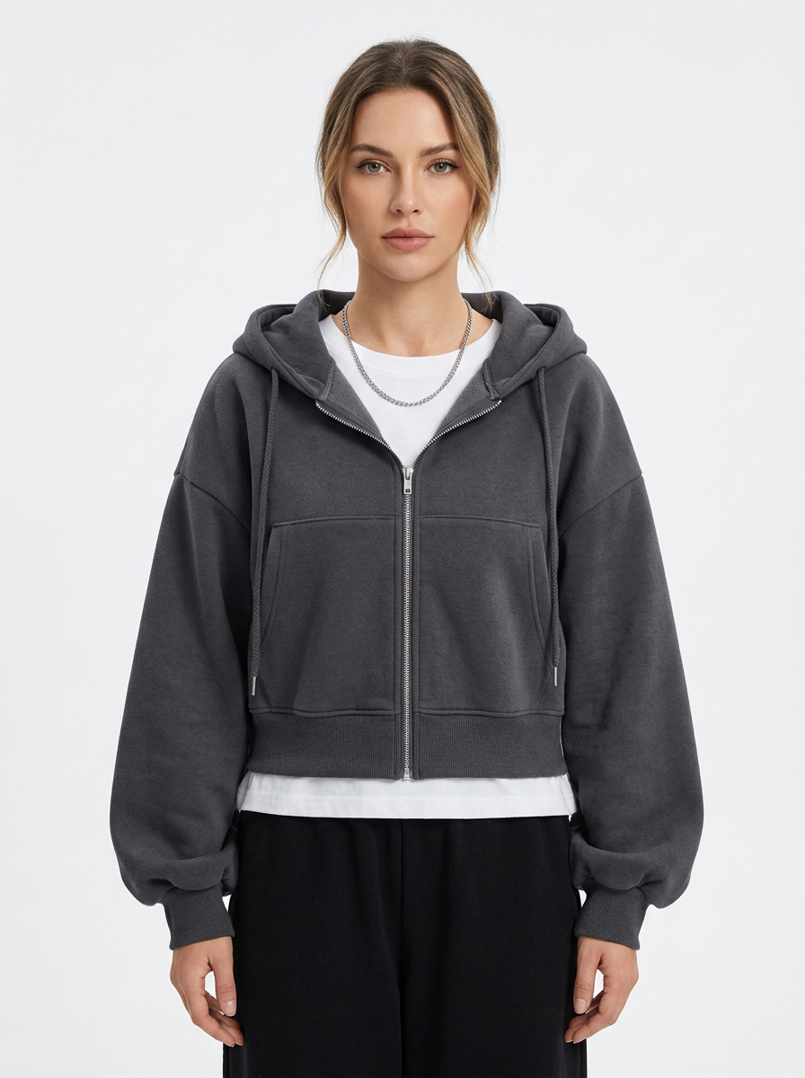 Women's Zip-Up Hoodie Cropped Oversized Fleece Sweatshirt