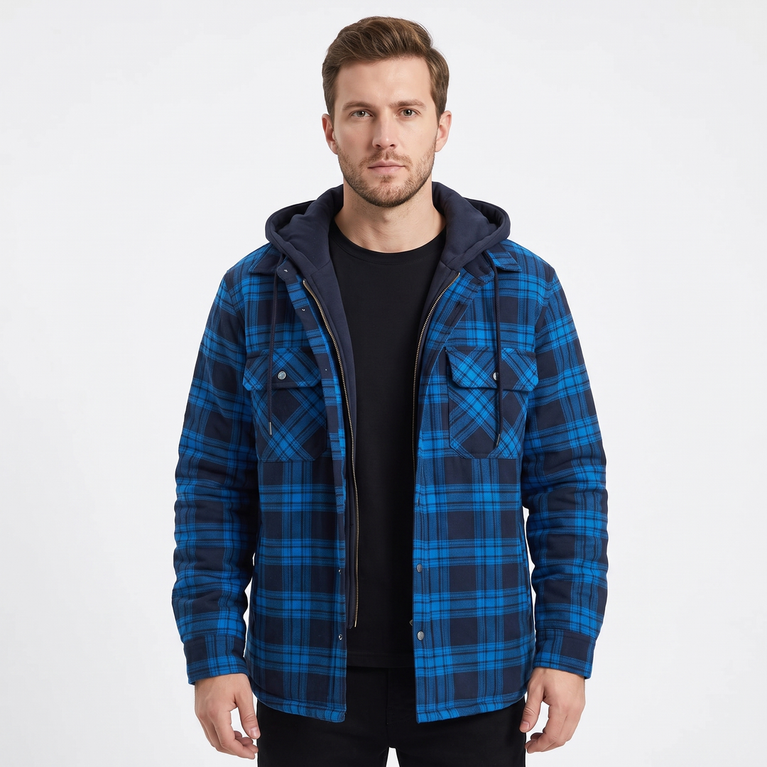 Men's Quilted Lined Plaid Flannel Jacket Hooded Shirt Coat