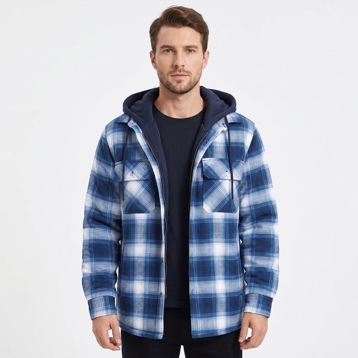 Men's Quilted Lined Plaid Flannel Jacket Hooded Shirt Coat