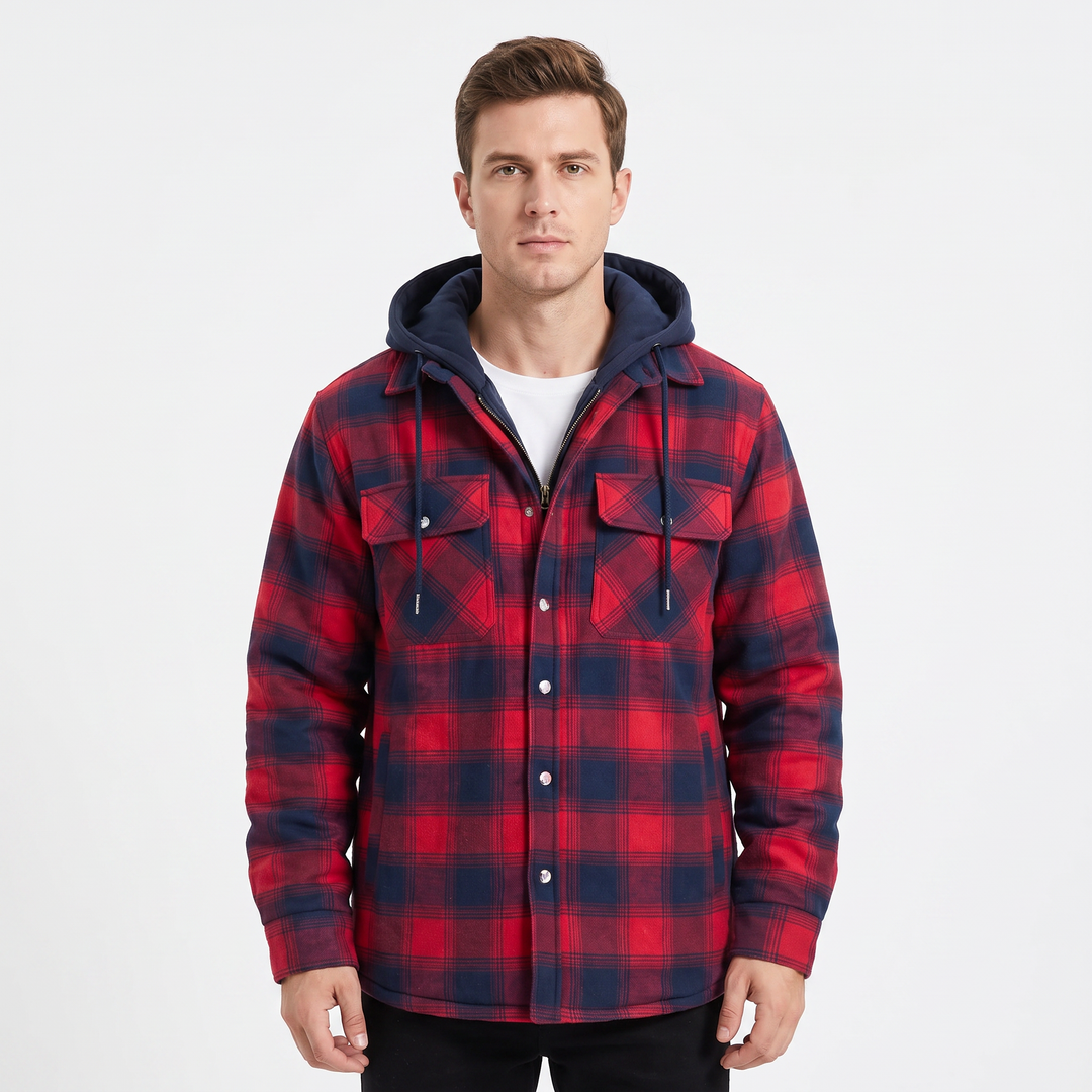 Men's Quilted Lined Plaid Flannel Jacket Hooded Shirt Coat