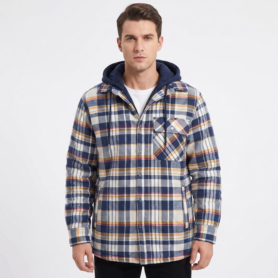 Men's Quilted Lined Plaid Flannel Jacket Hooded Shirt Coat