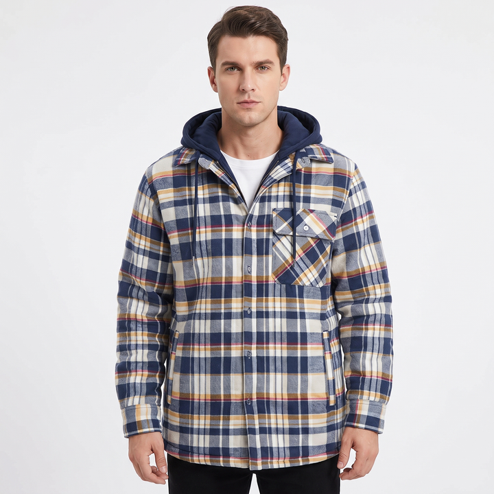 Men's Quilted Lined Plaid Flannel Jacket Hooded Shirt Coat