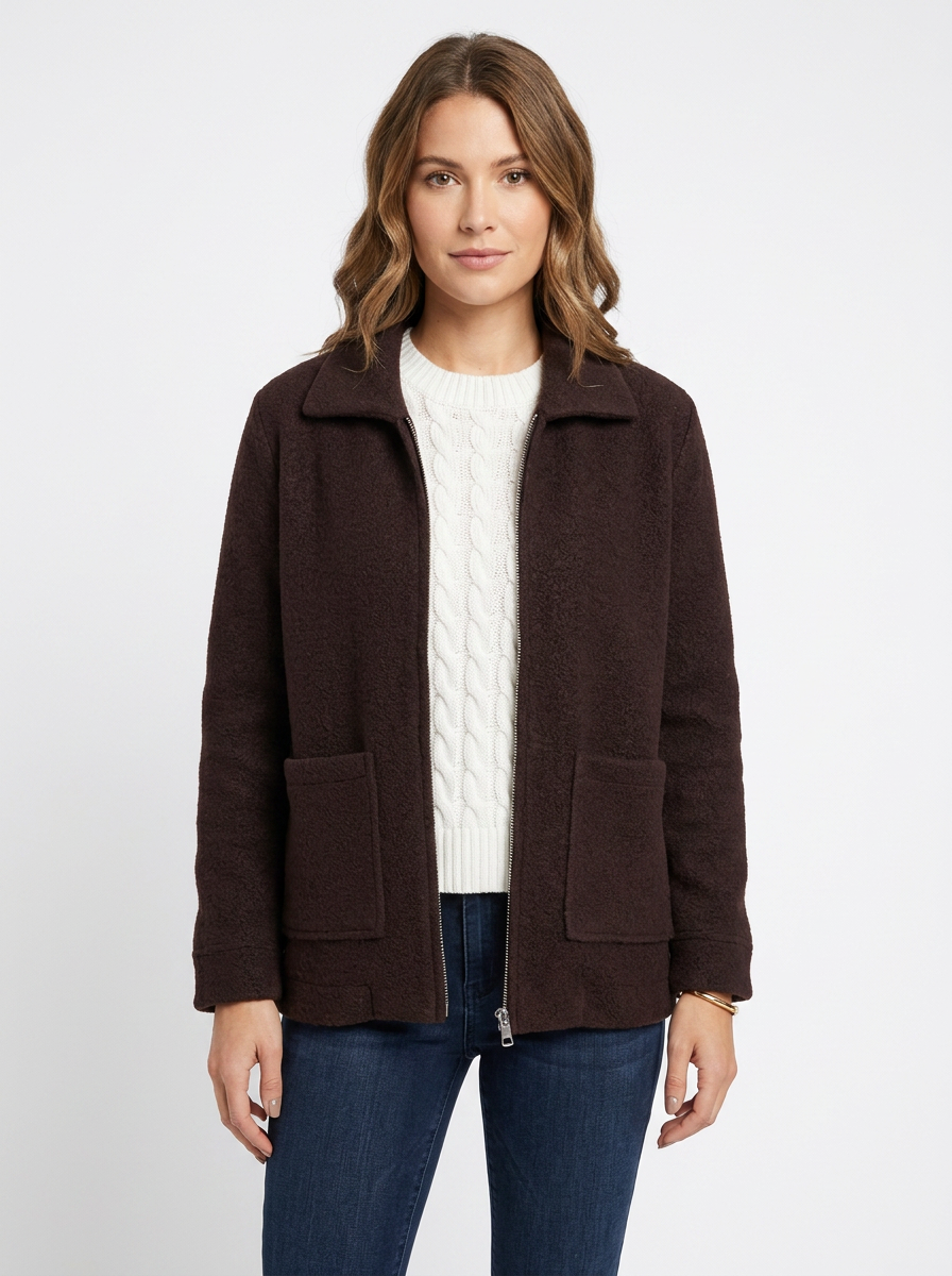 Women's Wool Blend Jacket Notched Collar Zip-Front Casual Coat