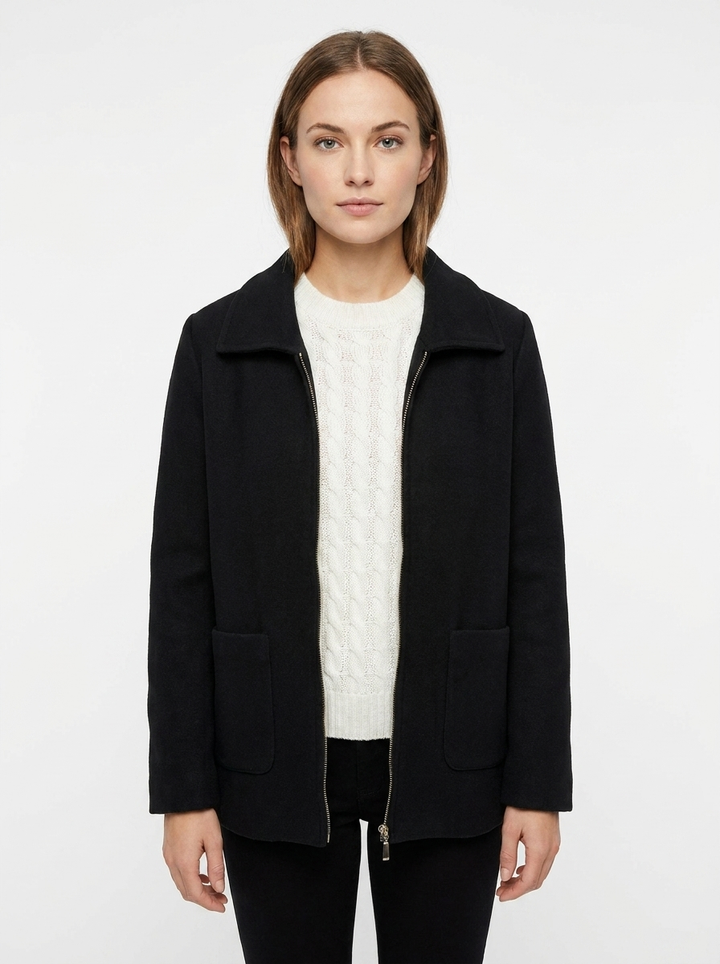 Women's Wool Blend Jacket Notched Collar Zip-Front Casual Coat