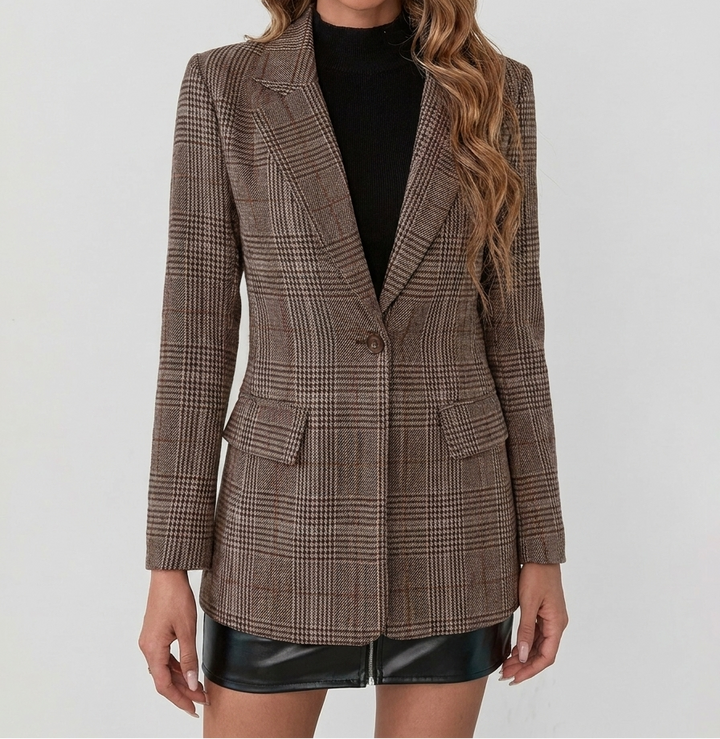 Women's Plaid Blazer with Notched Lapel
