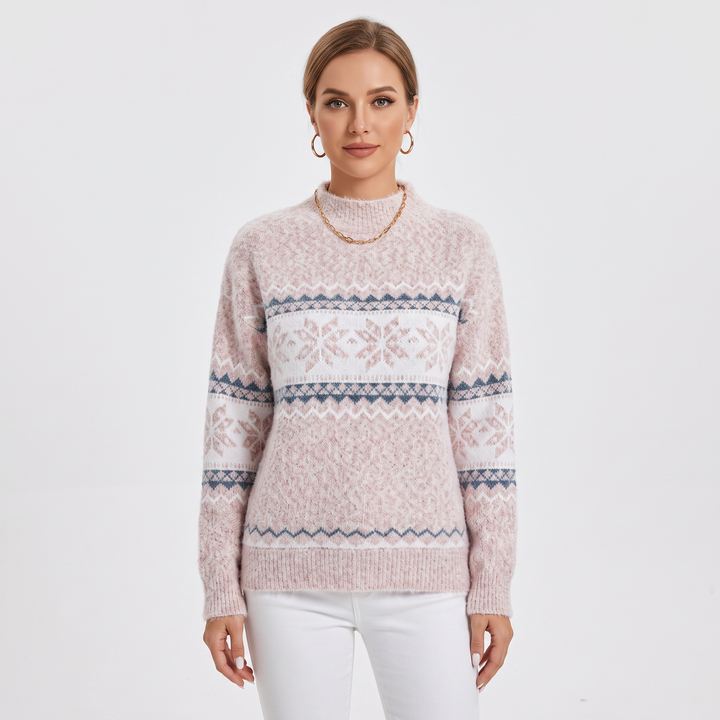 Women's Fair Isle Sweater Snowflake Print Mock Neck Knit Pullover