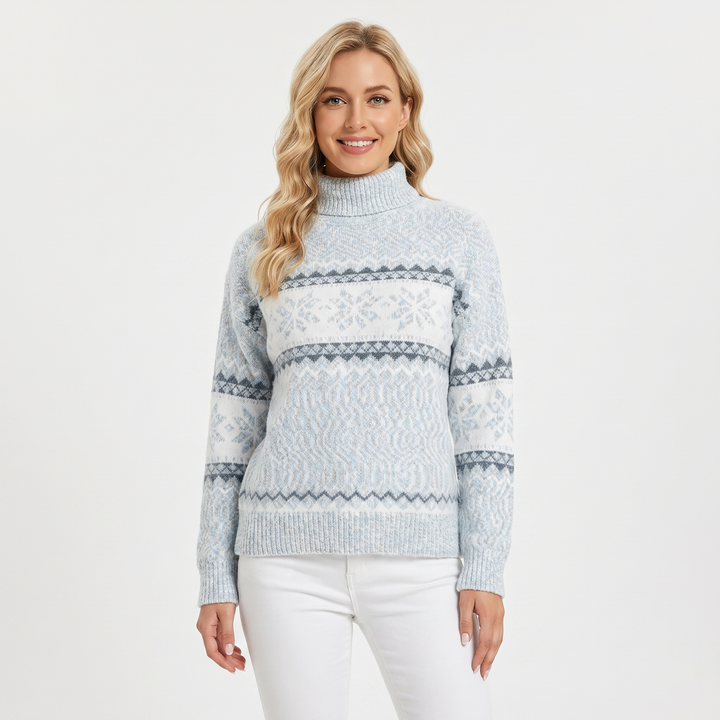 Women's Fair Isle Sweater Snowflake Print Mock Neck Knit Pullover