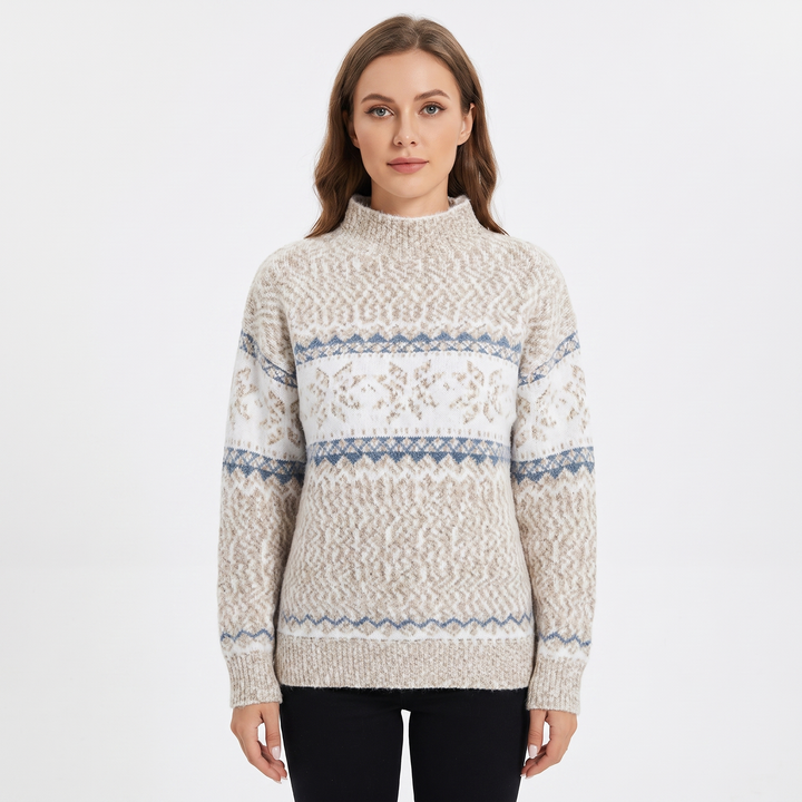 Women's Fair Isle Sweater Snowflake Print Mock Neck Knit Pullover