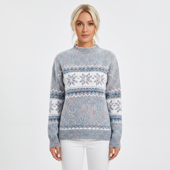 Women's Fair Isle Sweater Snowflake Print Mock Neck Knit Pullover