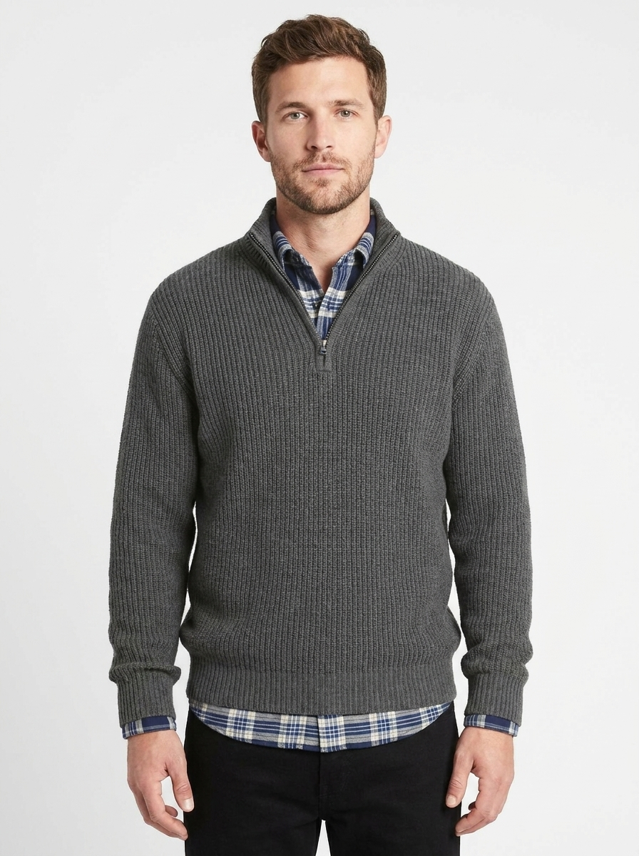 Men's Quarter-Zip Sweater Ribbed Knit Mock Neck Pullover