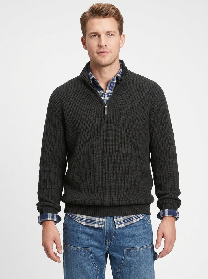 Men's Quarter-Zip Sweater Ribbed Knit Mock Neck Pullover