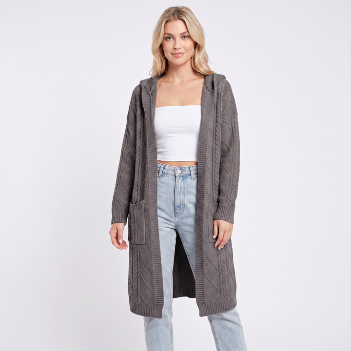 Women's Hooded Longline Cardigan Cable Knit Open Front Coat