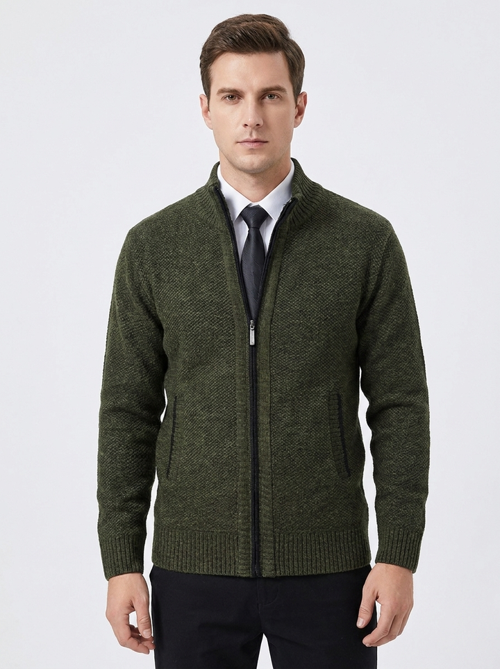 Men's Knit Cardigan Full-Zip Stand Collar Sweater Jacket