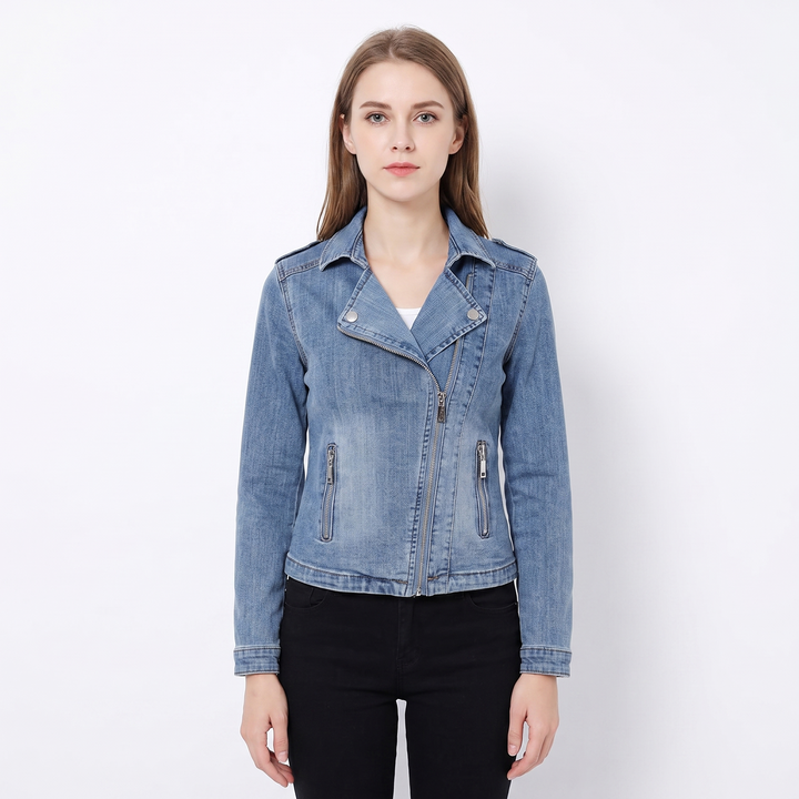 Women's Denim Moto Jacket Asymmetric Zip Cropped Biker Jacket