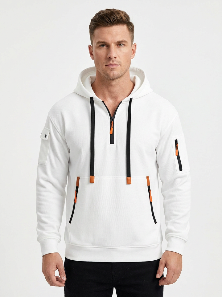 Men's Utility Hoodie Quarter-Zip Multi-Pocket Fleece Pullover