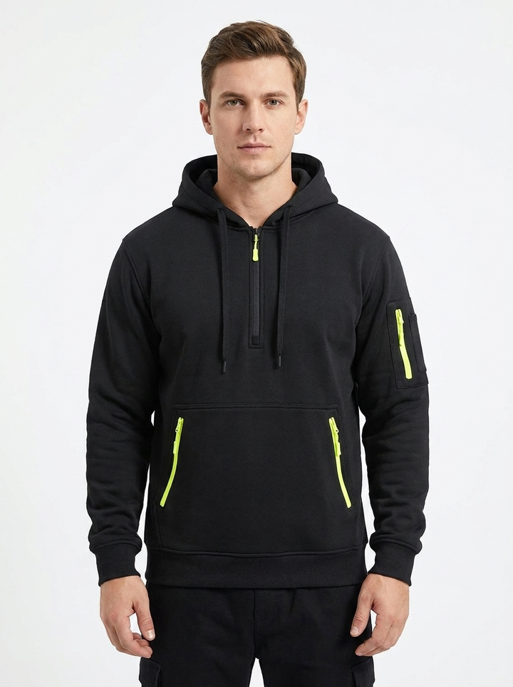 Men's Utility Hoodie Quarter-Zip Multi-Pocket Fleece Pullover