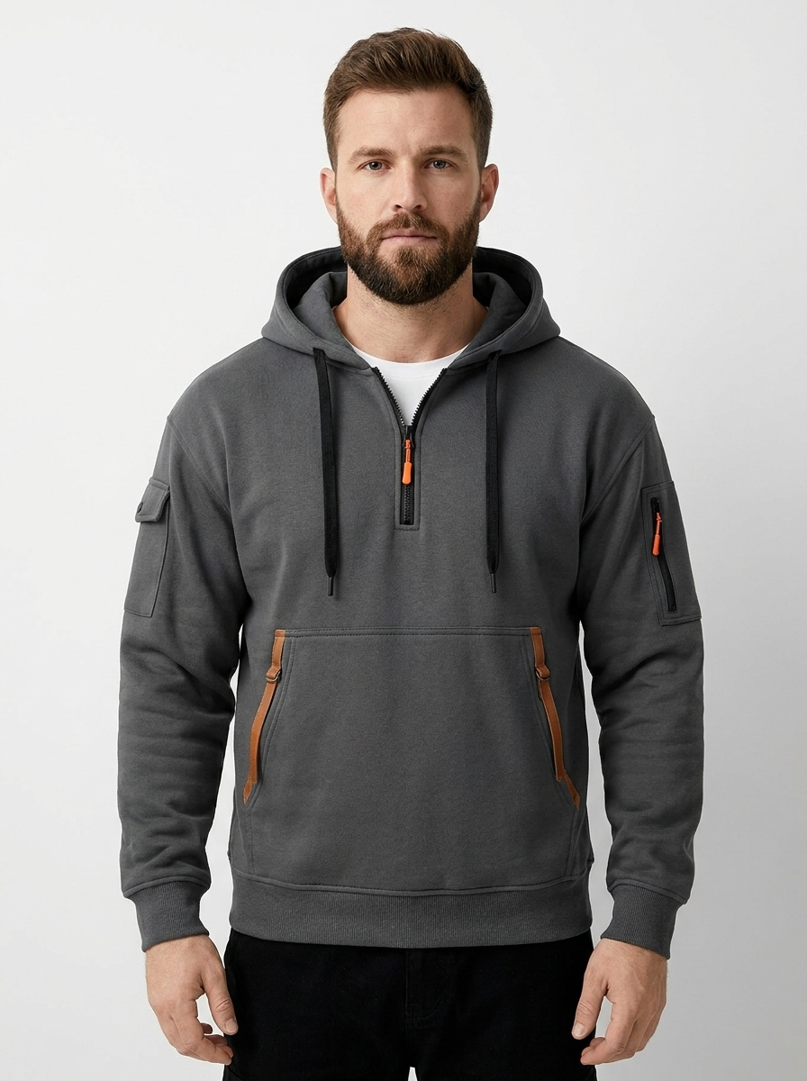 Men's Utility Hoodie Quarter-Zip Multi-Pocket Fleece Pullover