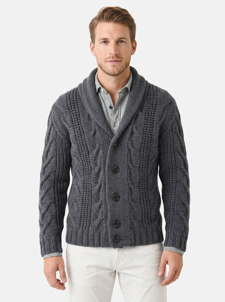 Men's Cable Knit Cardigan Shawl Collar Button-Front Sweater