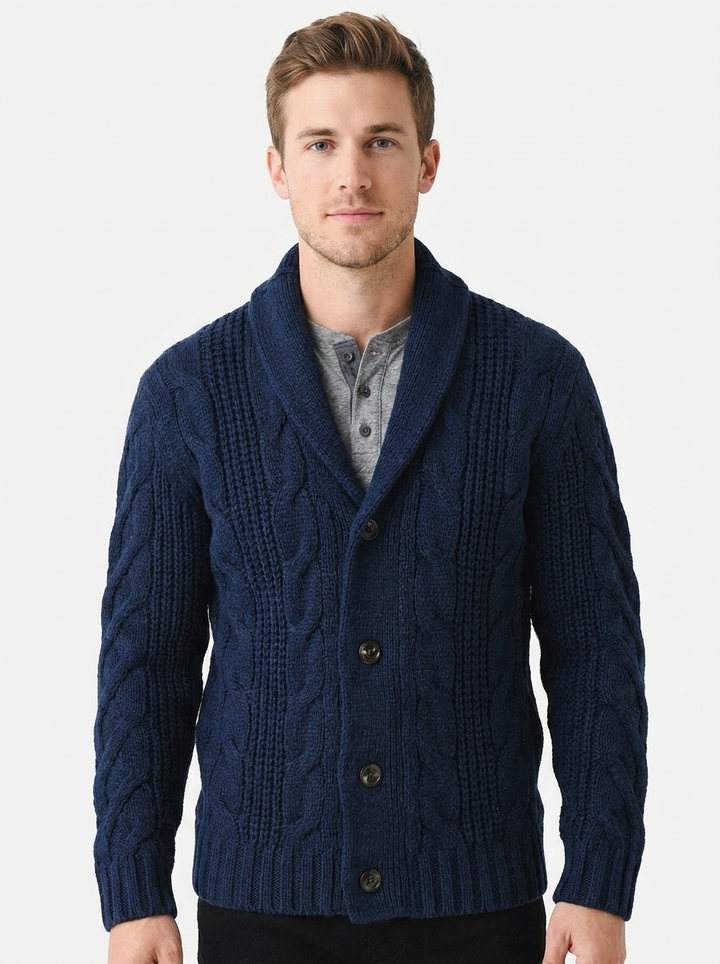 Men's Cable Knit Cardigan Shawl Collar Button-Front Sweater