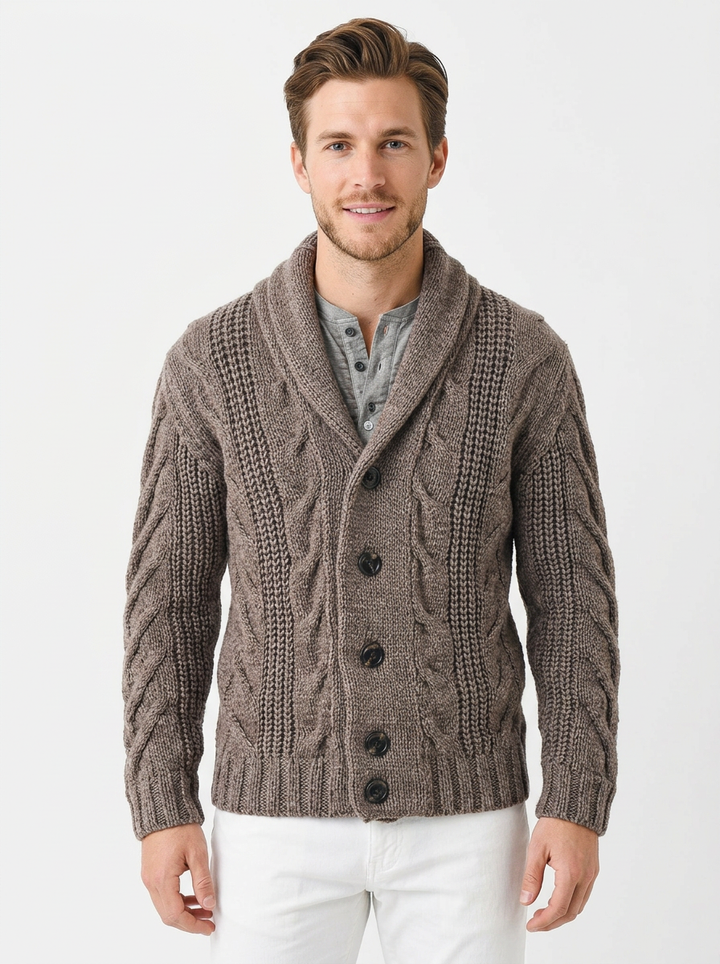 Men's Cable Knit Cardigan Shawl Collar Button-Front Sweater