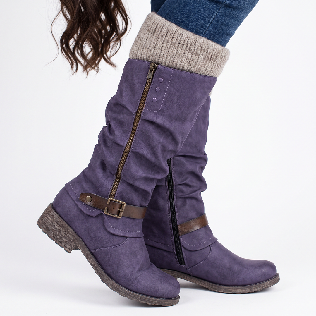 Women's Knee High Boots Knit Cuff Buckle Strap Zip Boots