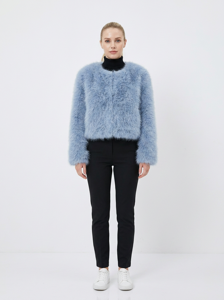 Women's Faux Fur Jacket Cropped Collarless Open-Front Coat