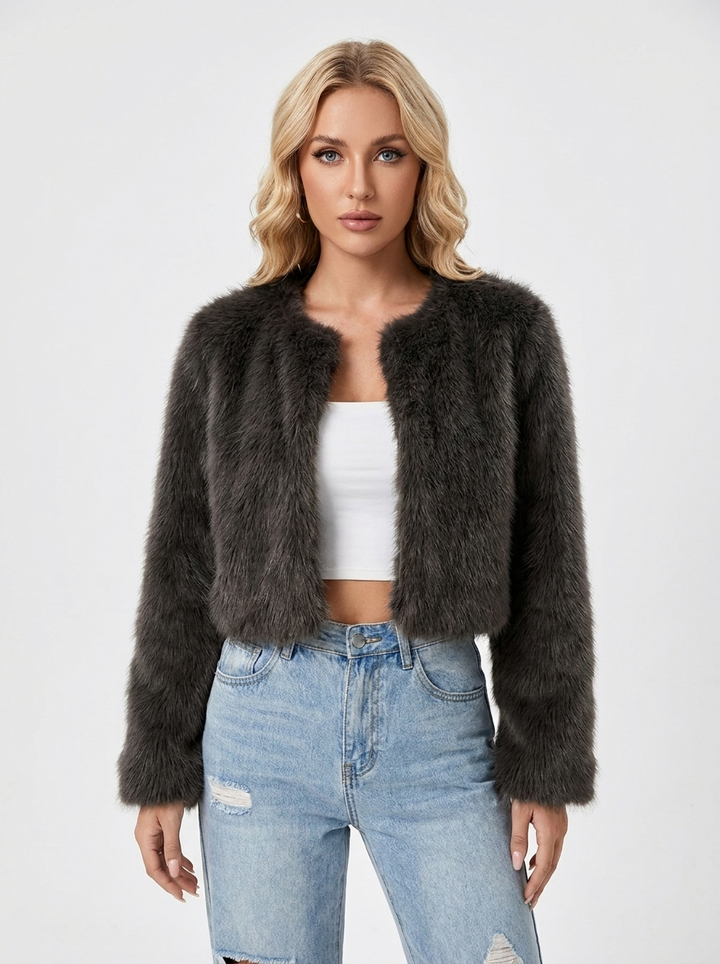 Women's Faux Fur Jacket Cropped Collarless Open-Front Coat