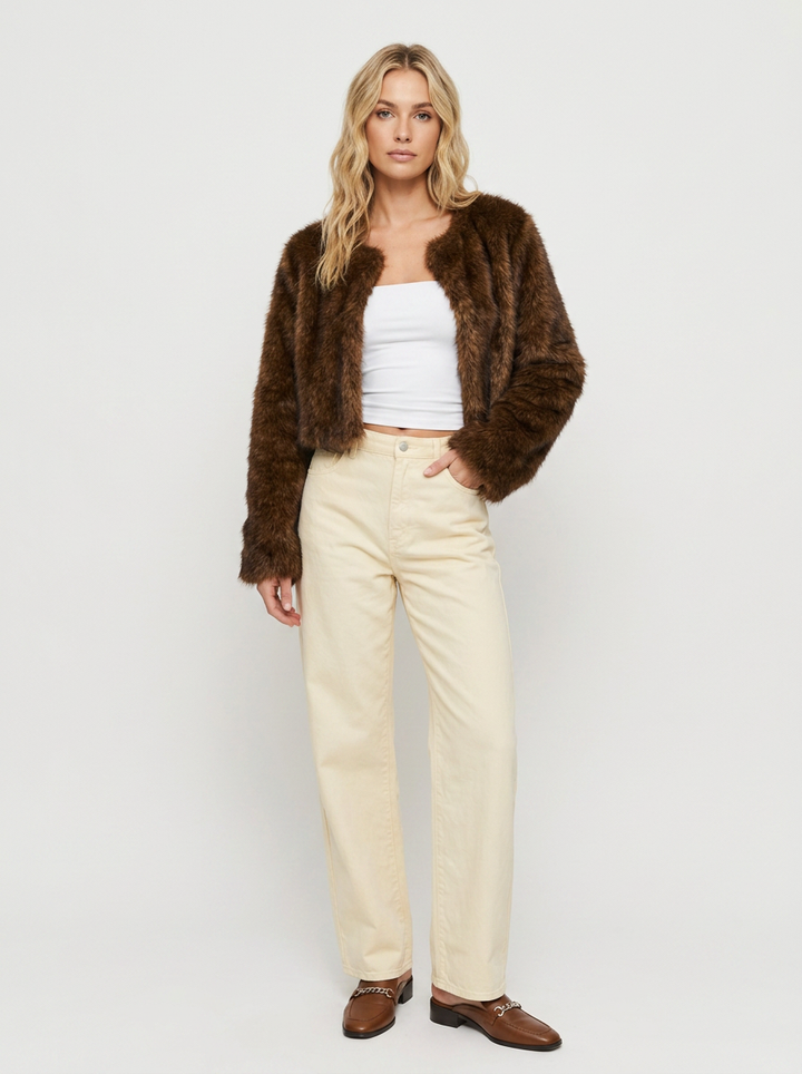 Women's Faux Fur Jacket Cropped Collarless Open-Front Coat