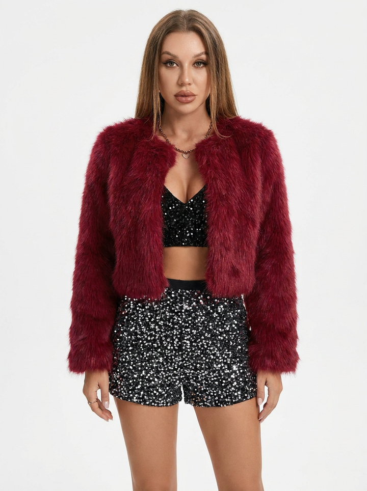 Women's Faux Fur Jacket Cropped Collarless Open-Front Coat