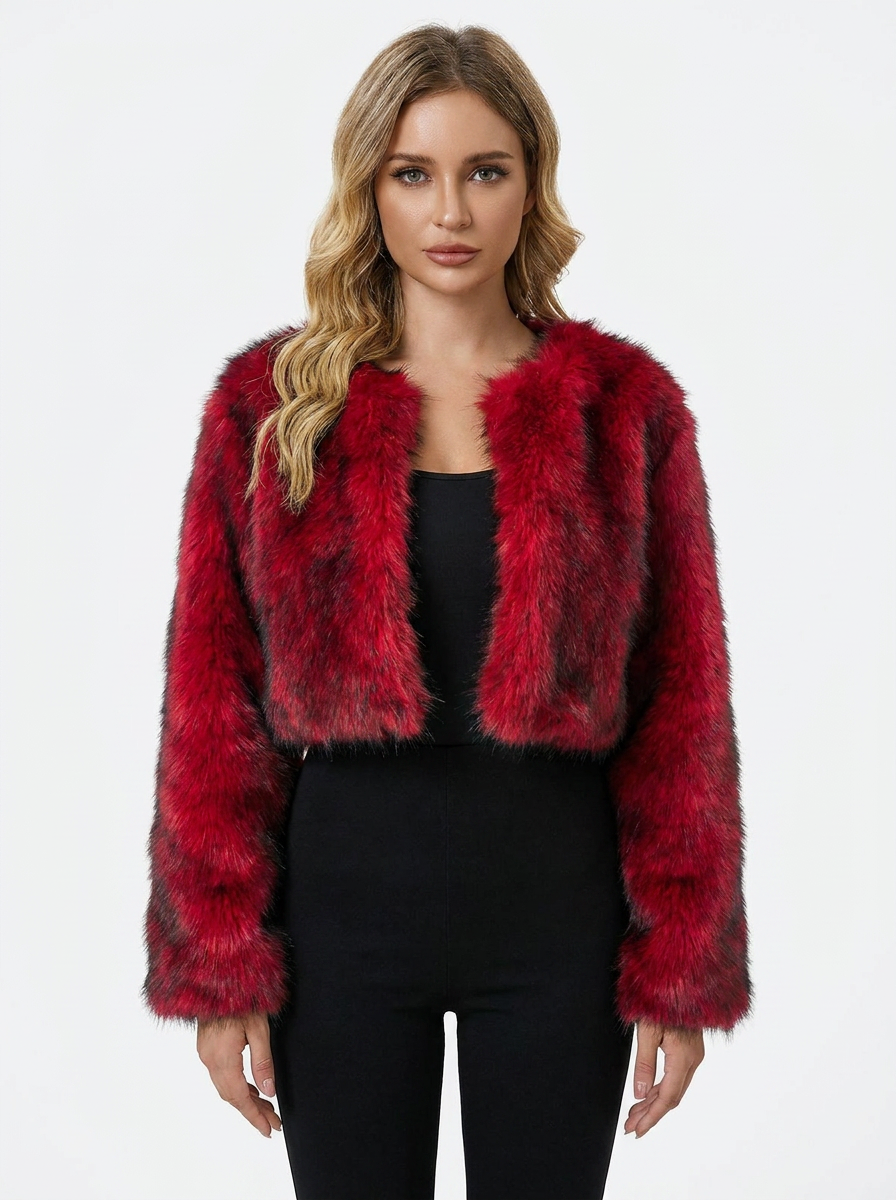 Women's Faux Fur Jacket Cropped Collarless Open-Front Coat