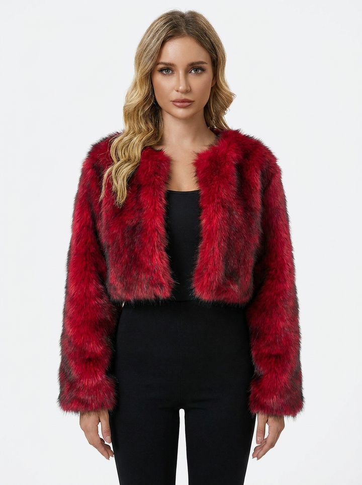 Women's Faux Fur Jacket Cropped Collarless Open-Front Coat
