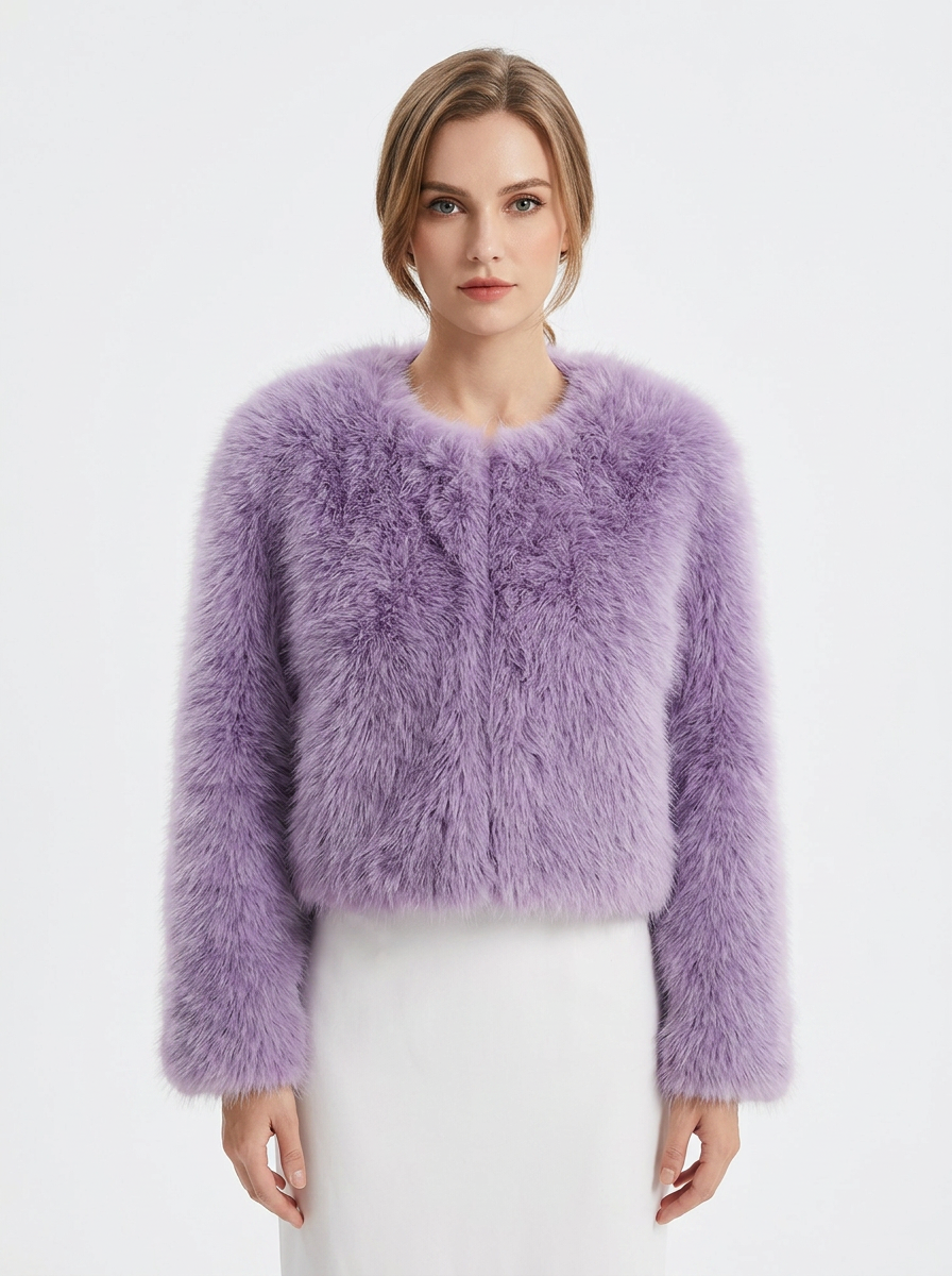 Women's Faux Fur Jacket Cropped Collarless Open-Front Coat
