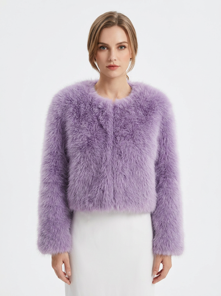 Women's Faux Fur Jacket Cropped Collarless Open-Front Coat