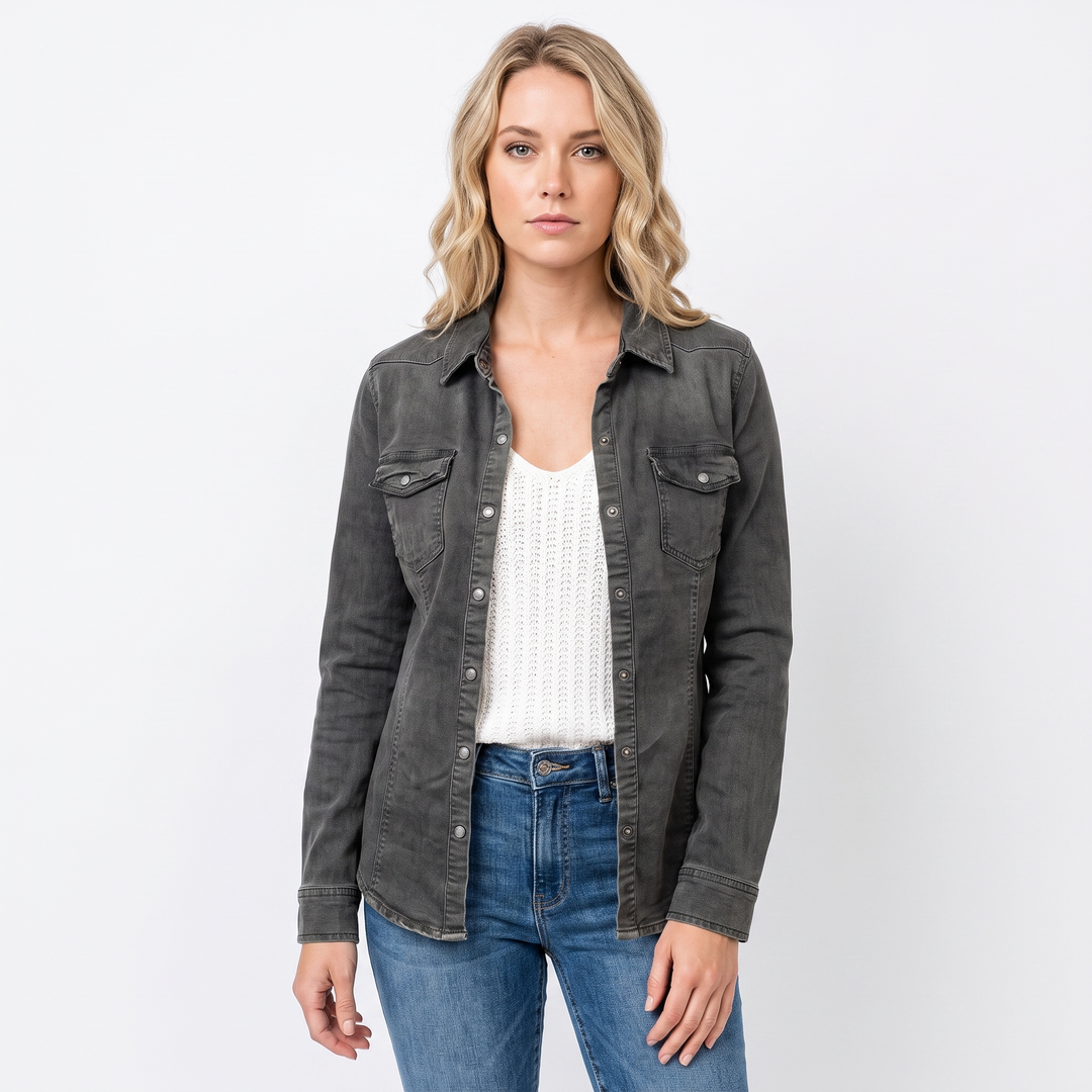 Women's Snap Button Shirt Twill Utility Long Sleeve Blouse