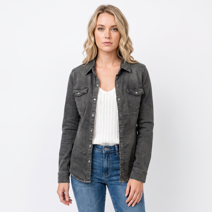 Women's Snap Button Shirt Twill Utility Long Sleeve Blouse