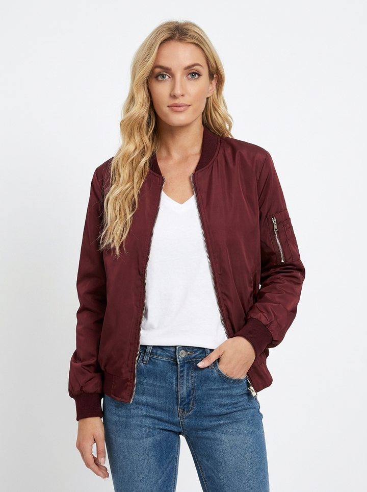 Women's Bomber Jacket Ribbed Collar Zip-Up Casual Coat