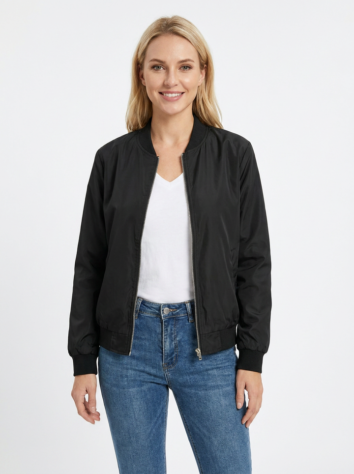 Women's Bomber Jacket Ribbed Collar Zip-Up Casual Coat