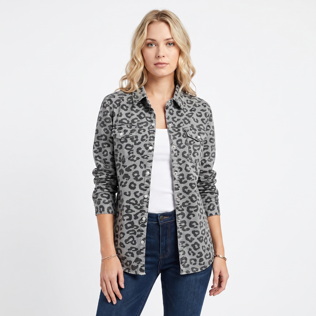 Women's Snap Button Shirt Twill Utility Long Sleeve Blouse