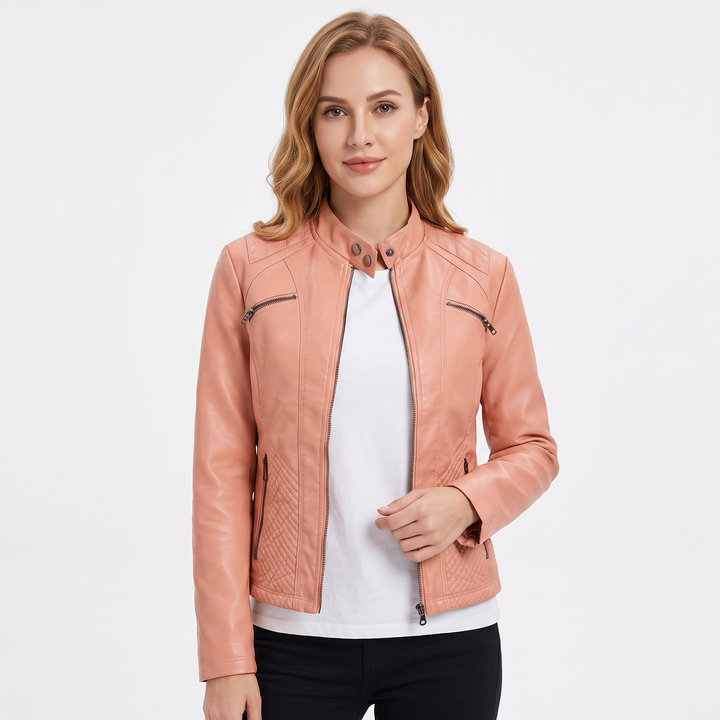 Women's Faux Leather Moto Jacket Zip-Up Stand Collar Biker Jacket
