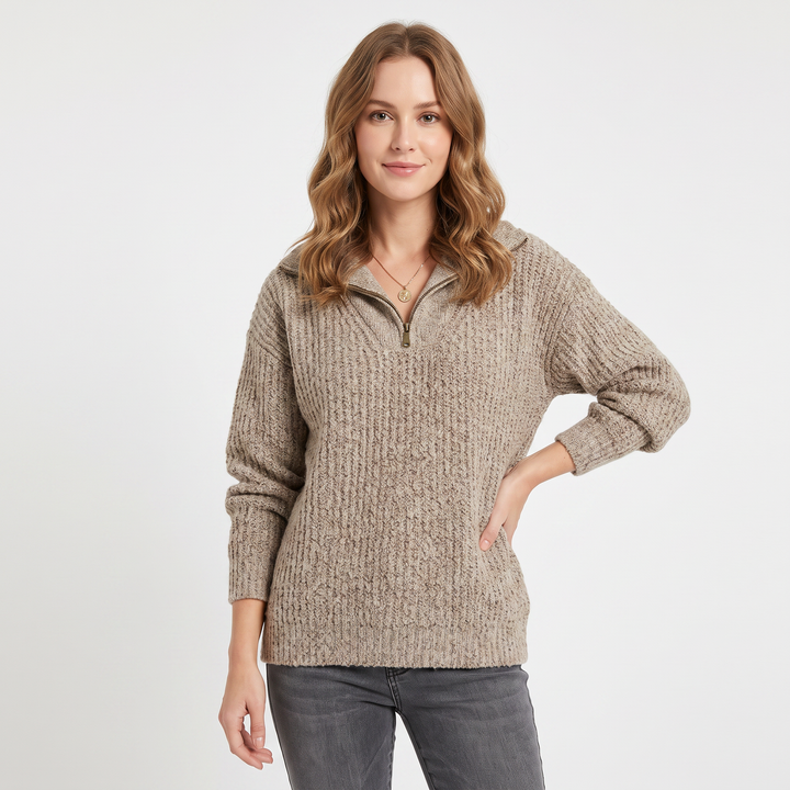 Women's Quarter Zip Sweater Ribbed Knit Collared Pullover