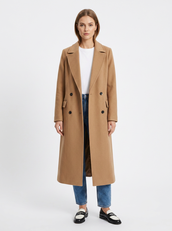 Women's Wool Blend Trench Coat Double-Breasted Longline Overcoat