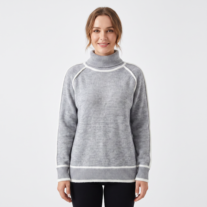 Women's Turtleneck Sweater Contrast Trim Raglan Sleeve Pullover