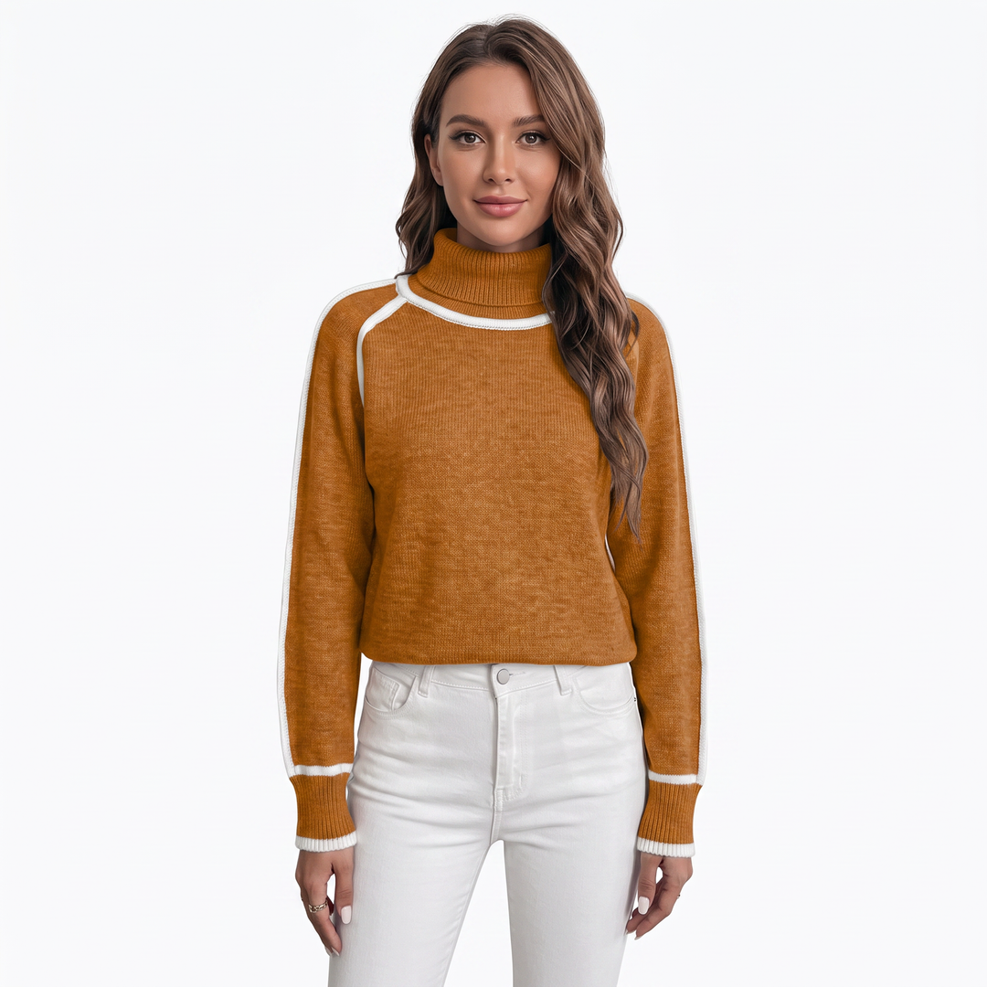 Women's Turtleneck Sweater Contrast Trim Raglan Sleeve Pullover