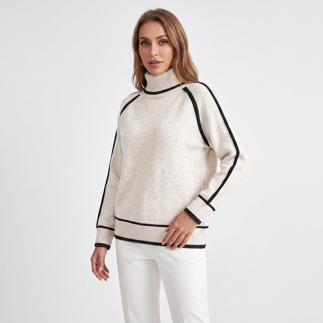 Women's Turtleneck Sweater Contrast Trim Raglan Sleeve Pullover