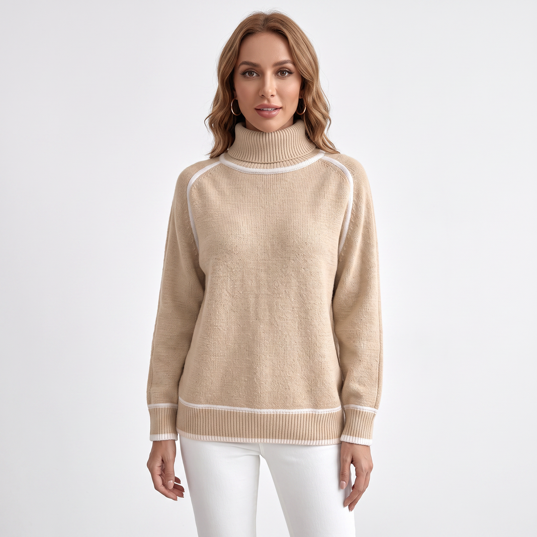 Women's Turtleneck Sweater Contrast Trim Raglan Sleeve Pullover