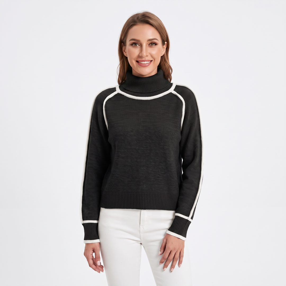 Women's Turtleneck Sweater Contrast Trim Raglan Sleeve Pullover